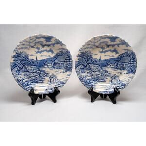 Myott Rural Scene Blue Transferware Soup Bowls 7.5” Pair England Vintage
